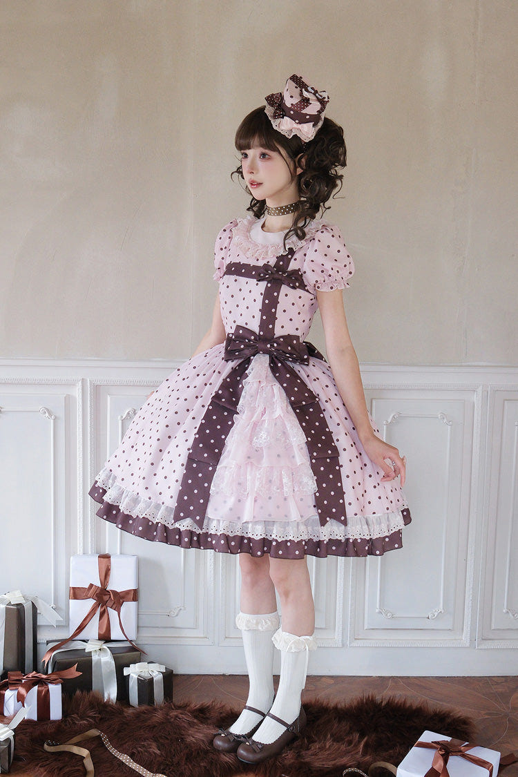 Pink [Canelé Gift Box] Round Collar Short Sleeves Double-Layered Printed Polka Dot Ruffled Open-Front Bow Asymmetric Sweet Lolita Dress - Product - 22