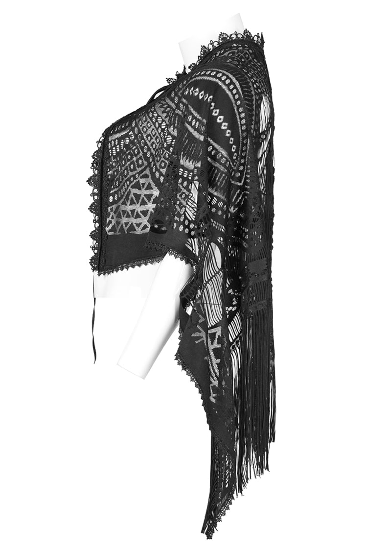 Black Openwork Lace Embroidery Pattern Decoration Hem Fringed Design Elasticated Neckline Women's Gothic Shawl - Product - 7