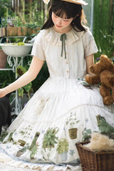 Ivory [Potted Plant] Short Sleeves Print Ruffle Sweet Lolita Dress - Product - 9