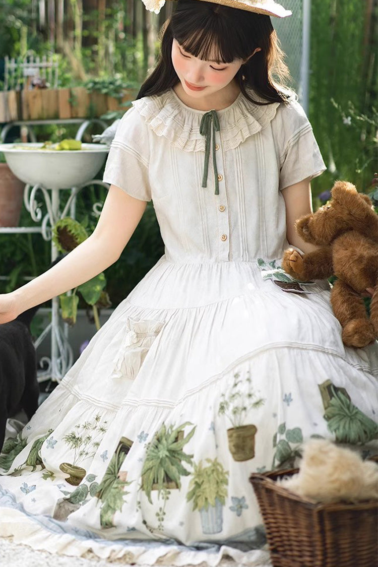 Ivory [Potted Plant] Short Sleeves Print Ruffle Sweet Lolita Dress - Product - 9