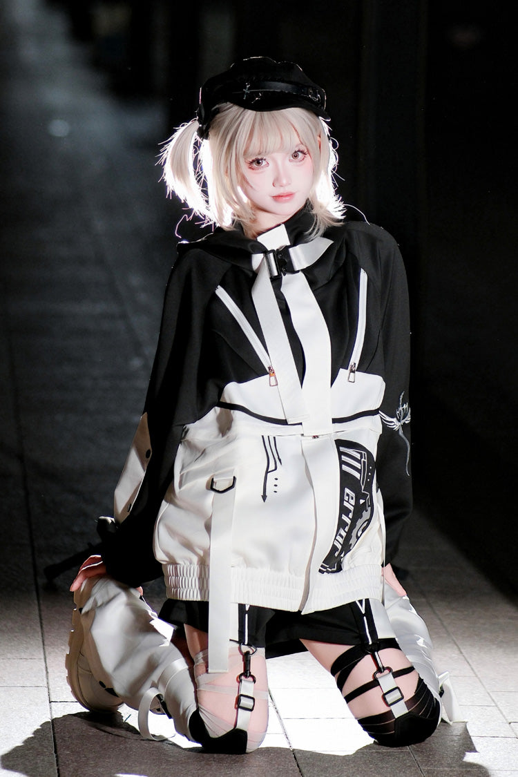 Black/White [Zero-Type Transformation] Techwear Long Sleeves Embroidered Hooded Punk Jirai Kei Shorts Coat Set - Product - 12