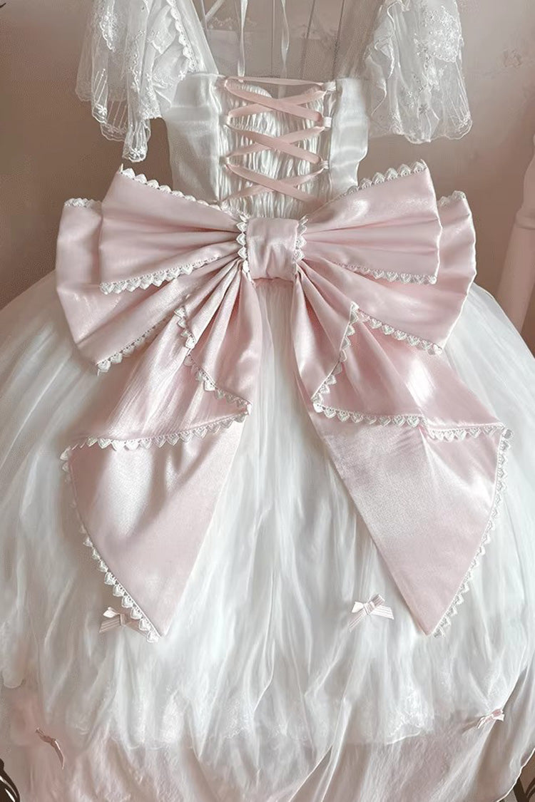 White/Pink [Snow of Love] Ruffled Hanayome Open-Front Bow Lace Sweet Princess Lolita Dress - Product - 11