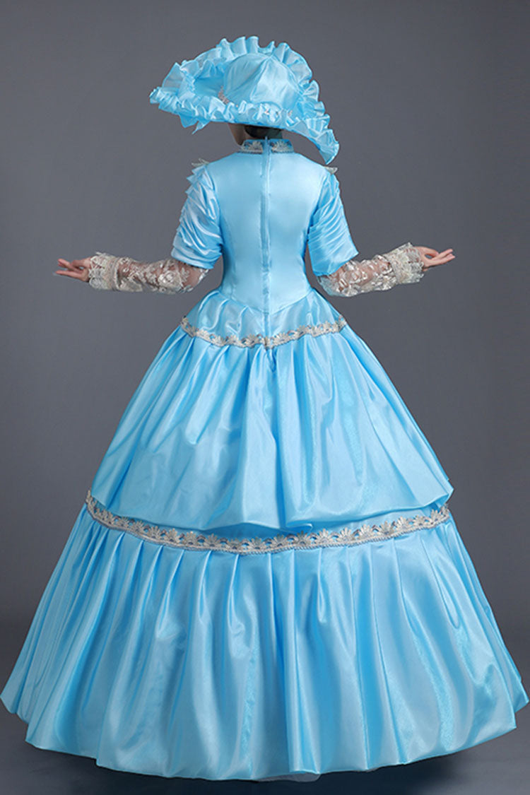 Blue High Waisted Lace Stitching Hollow Embroidery Floral Print Victorian Lolita Prom Dress - Product - 4