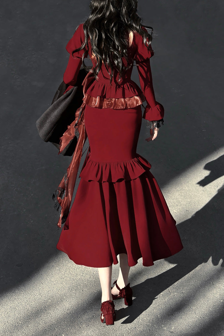 Red Rose Long Sleeves Bowknot Classic Elegant Princess Mermaid Lolita Dress - Product - 4
