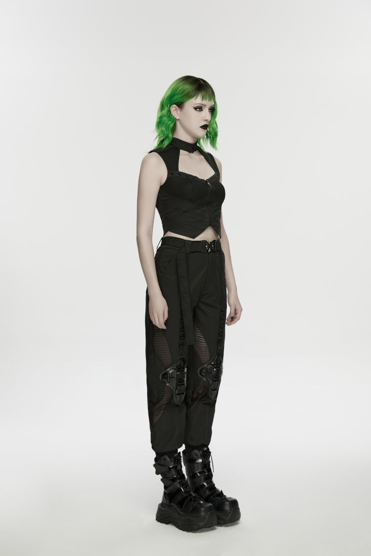 Black Women's Punk Handsome Buckle-up Studded Mesh Cargo Pants - Product - 2