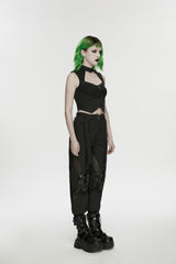 Black Women's Punk Handsome Buckle-up Studded Mesh Cargo Pants - Product - 2