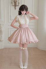 White/Pink Round Collar Short Sleeves Ruffled Bow Lace Color-Blocked Boned Sweet Lolita Dress 2 Versions - Product - 14