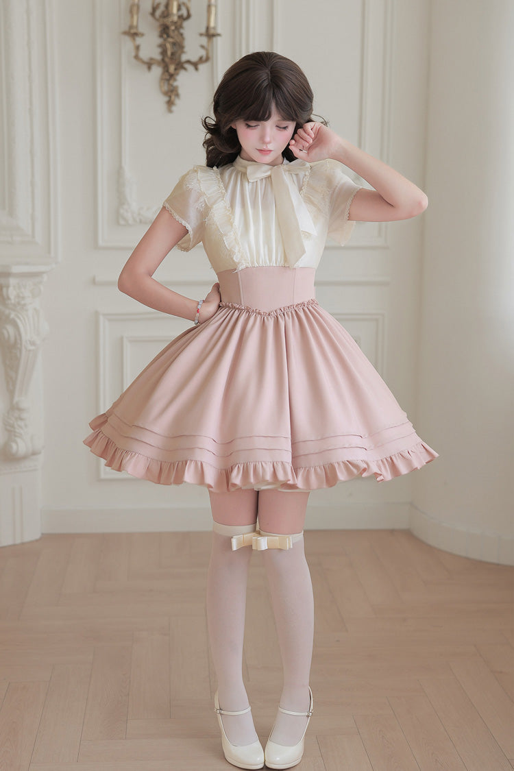 White/Pink Round Collar Short Sleeves Ruffled Bow Lace Color-Blocked Boned Sweet Lolita Dress 2 Versions - Product - 14