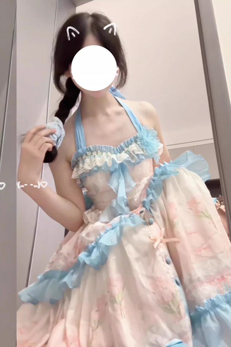 Blue/Pink [Meet the Sea] Triple-Layered Print Backless Ruffle Sweet Lolita Dress - Product - 4