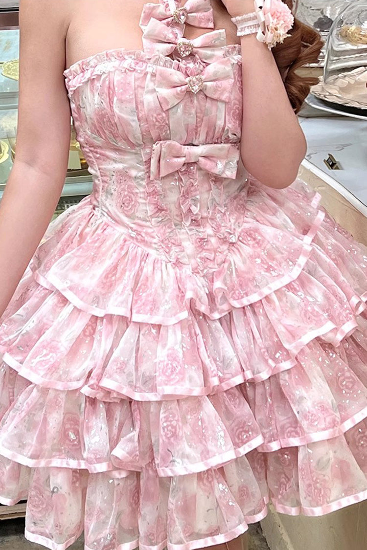 Pink [Broken Silver Rose] Halterneck Sleeveless Multi-Layered Ruffle Bowknot Sweet Princess Lolita Tiered Dress - Product - 9