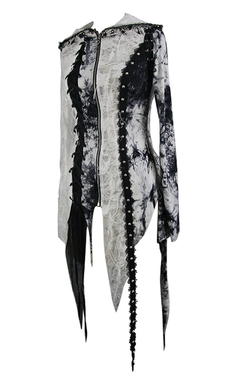 Black And White Tie Dyed Jersey Hooded Punk Asymmetrical Womens Coat - Product - 6