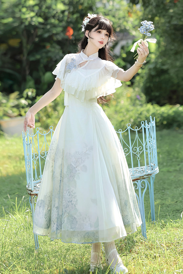 White [Hydrangea Message] Short Sleeves Print Ruffle Lace Sweet Chinese Style Elegant Lolita Dress - Product - 2