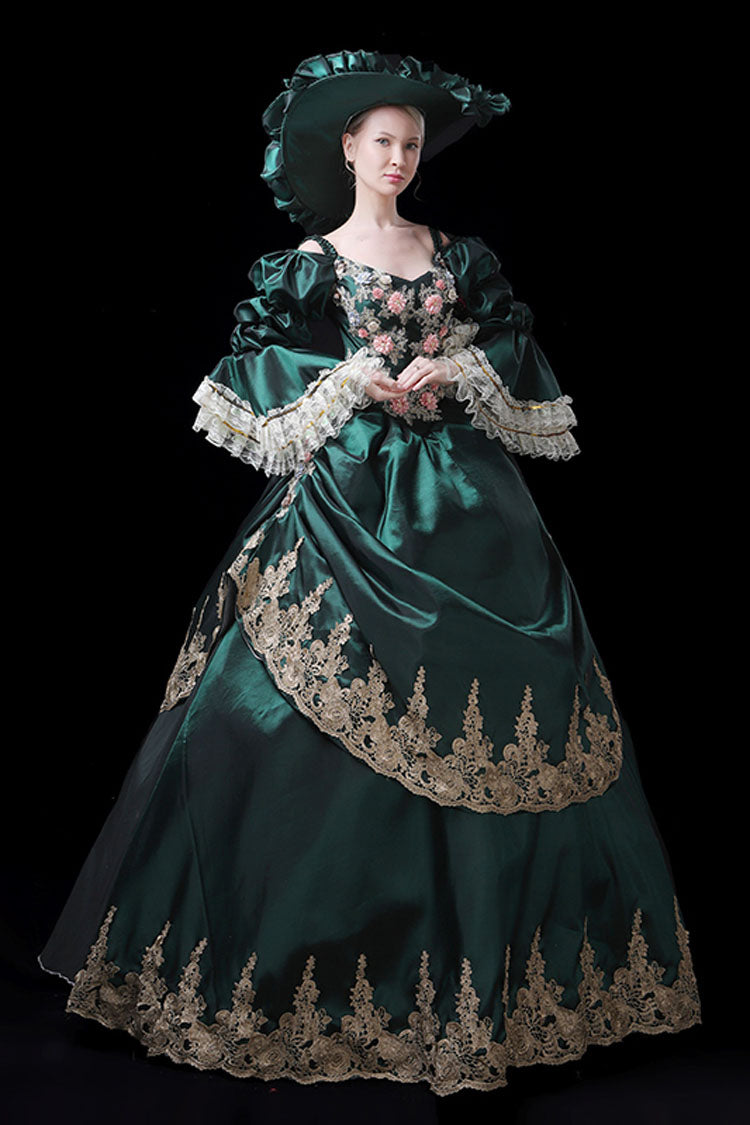 Trumpet Sleeves High Waisted Three Dimensional Flower Embroidery Print Victorian Lolita Prom Dress - Green - 6
