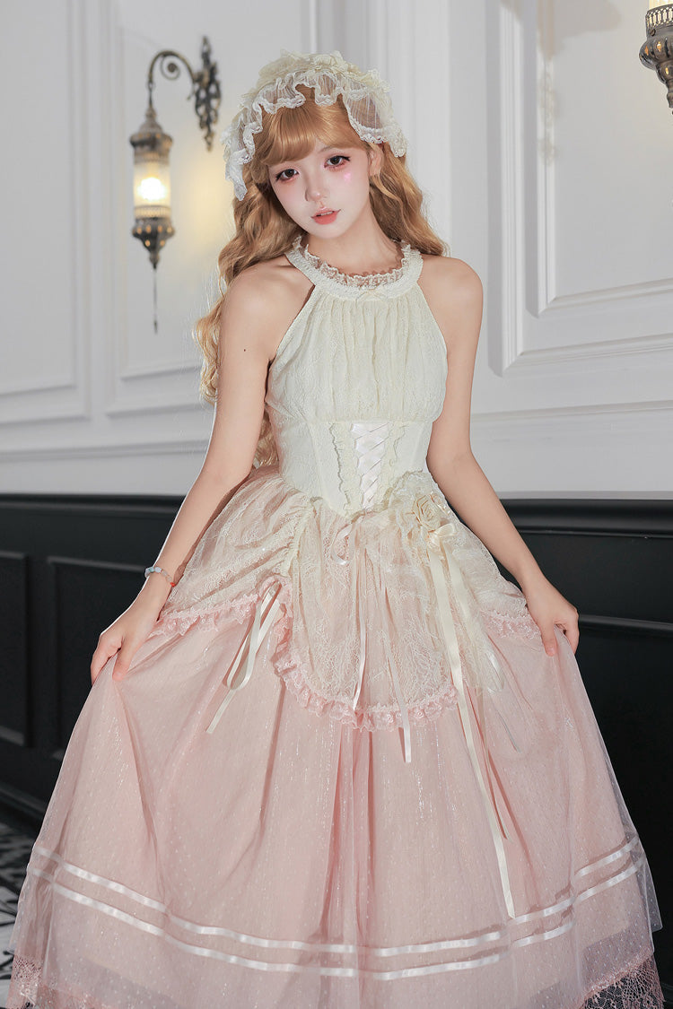 [Tulip Scent] Halterneck Sleeveless Printed Ruffled Lace Lace-Up Fishbone Sweet Lolita Jsk Dress Set (Pink/Purple 2 Colors) - Product - 15
