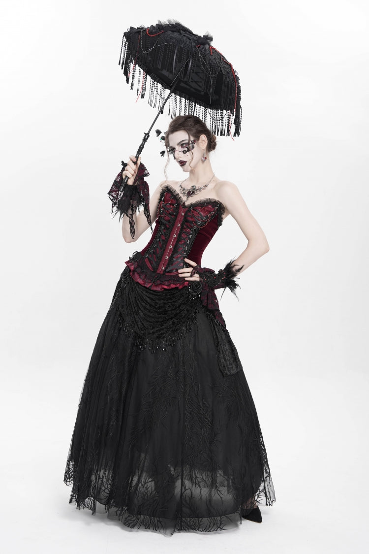 Red Sleeveless Beaded Lace Lace-Up Women's Gothic Overbust Corset - Product - 12