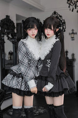 [Doki!] Stand Collar Long Sleeves Printed Ruffled Lace-Up Sweet Cool Lolita Dress 2 Colors(Black, Grey) - Product - 12