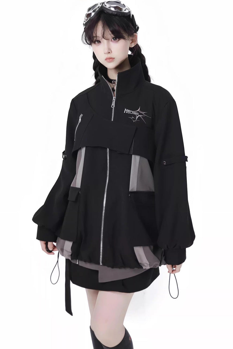 Black [Holographic Cruise] Techwear Long Sleeves Spliced Zippered Gothic Jirai Kei Skirt and Coat Set - Product - 4