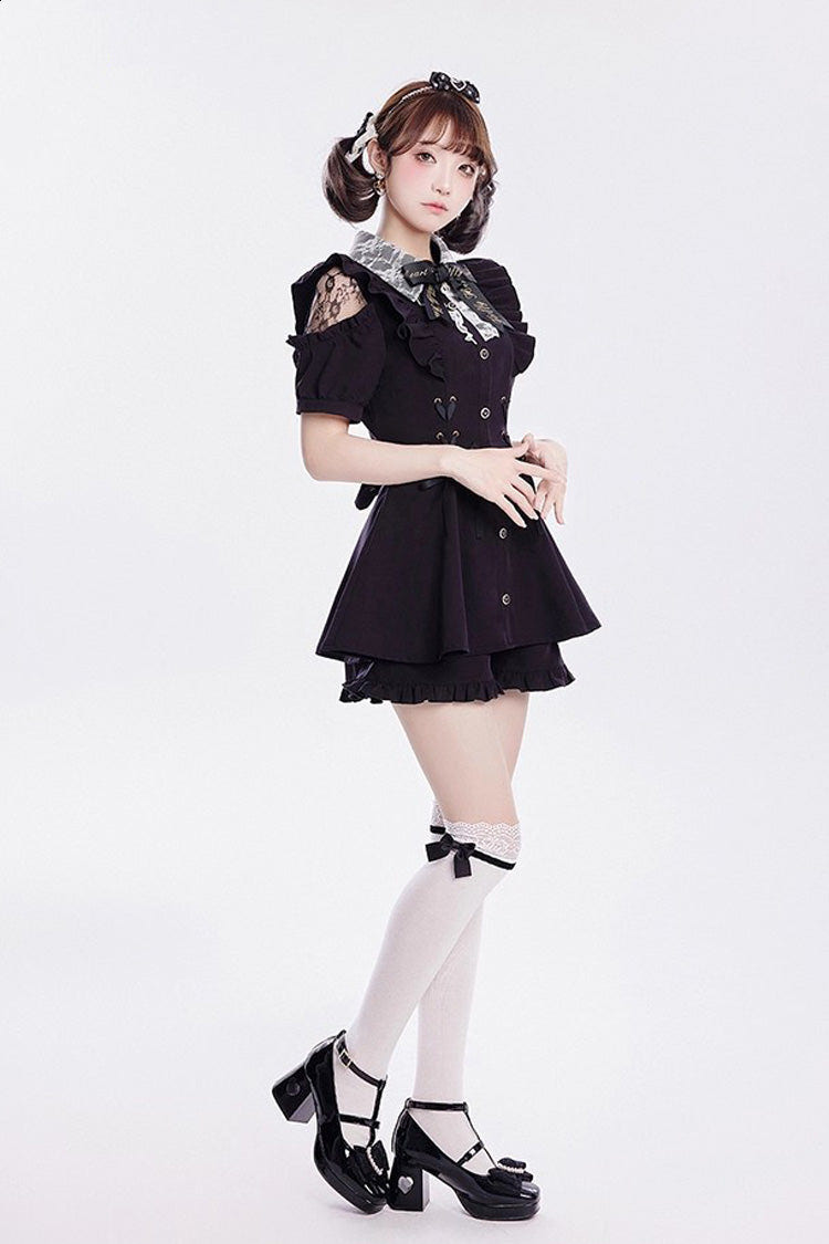 [Alice of Wednesday] Sweet Off Shoulder Short Sleeves Ruffle Bowknot Lace-Up Japanese Jirai Kei Dress Shorts Set 3 Colors - Product - 10