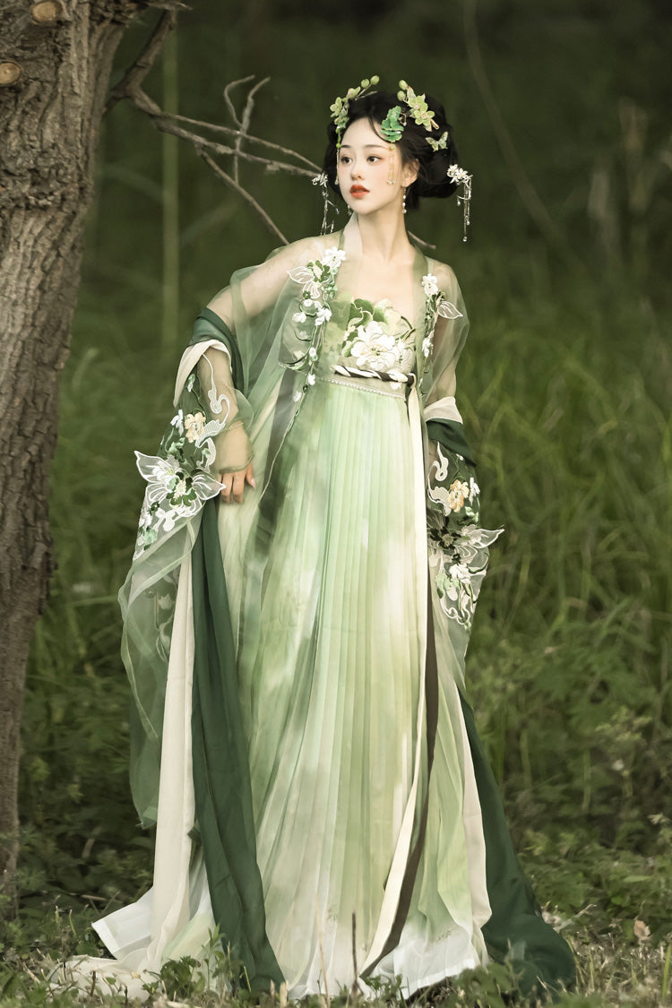 Green [Qingyao] Butterfly Flowers Embroidery Sweet Chinese Style Hanfu Dress Full Set - Green - 1