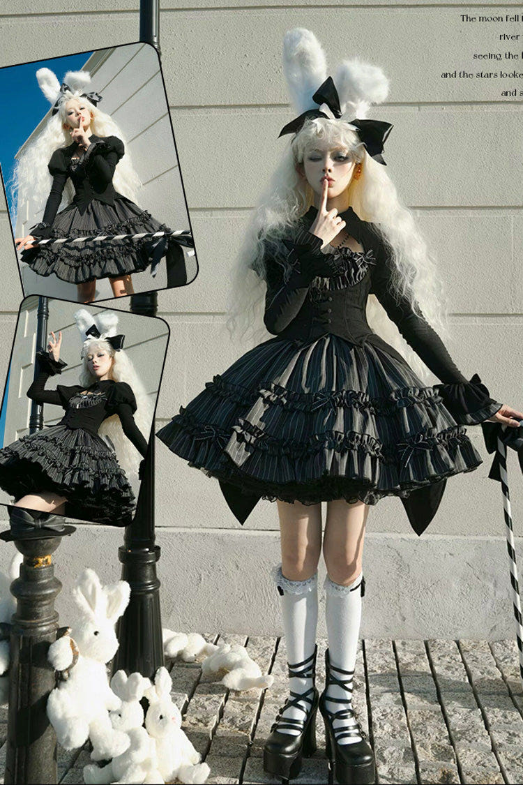 Black [Duke of the Trap Rabbit] Long Sleeves Stripe Print Ruffle Bowknot Lace Gothic Lolita Dress - Black - 1