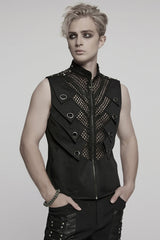 Black Stand Collar Stitching Mesh Men's Punk Vest - Product - 2