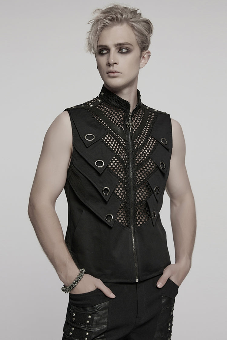 Black Stand Collar Stitching Mesh Men's Punk Vest - Product - 2