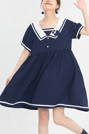 Blauer Vintage-Navy-Kragen im College-Stil, kurze Ärmel, hohe Taille, süß (Kleid einzeln), Vorderansicht