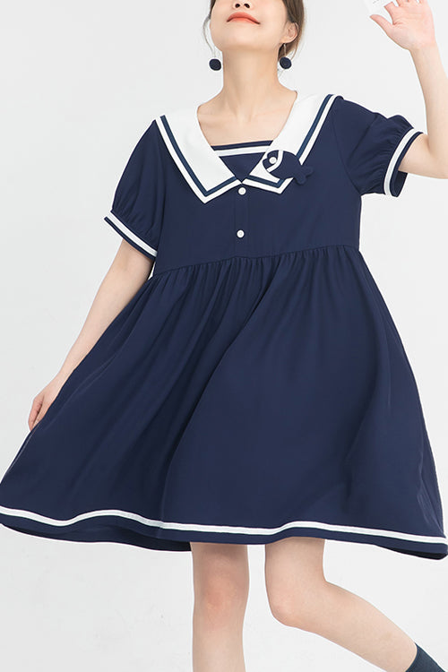 Blauer Vintage-Navy-Kragen im College-Stil, kurze Ärmel, hohe Taille, süß (Kleid einzeln), Vorderansicht
