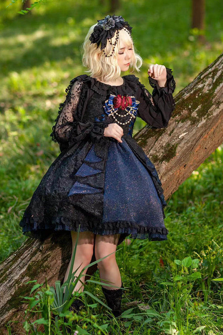 Black/Blue Ruffle Cardigan Bowknot Lace Classic Lolita Dress - Product - 3