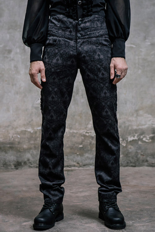 Black Side Discoid Flowers Back Waist Lace Up Gothic Jacquard Mens Pants - Black - 1