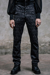 Black Side Discoid Flowers Back Waist Lace Up Gothic Jacquard Mens Pants - Black - 1