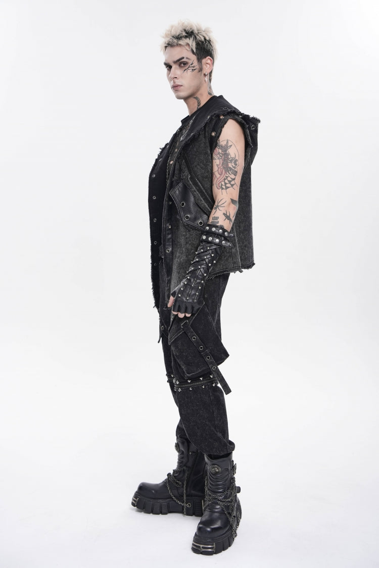 Black Spliced Hooded Buckled Eyelet Men's Punk Cool Vest - Product - 4