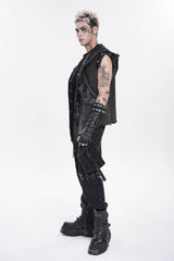 Black Spliced Hooded Buckled Eyelet Men's Punk Cool Vest - Product - 4