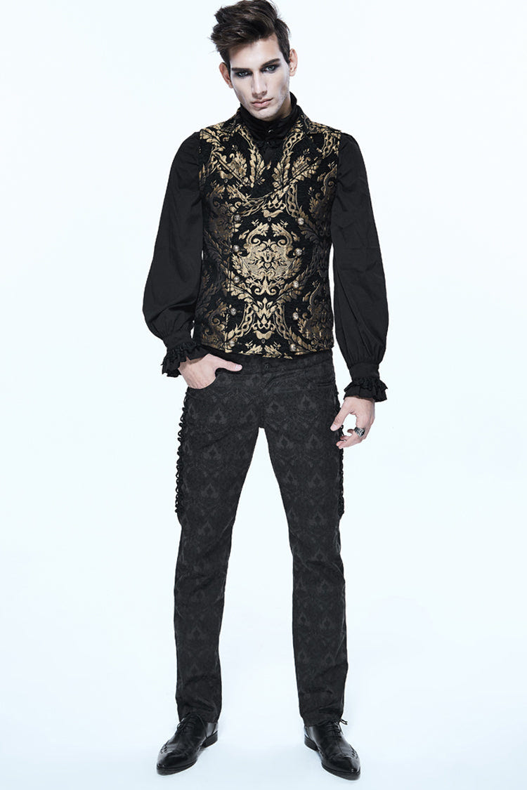 Black/Gold Short Big Jacquard Pattern Men's Gothic Waistcoat - Product - 2