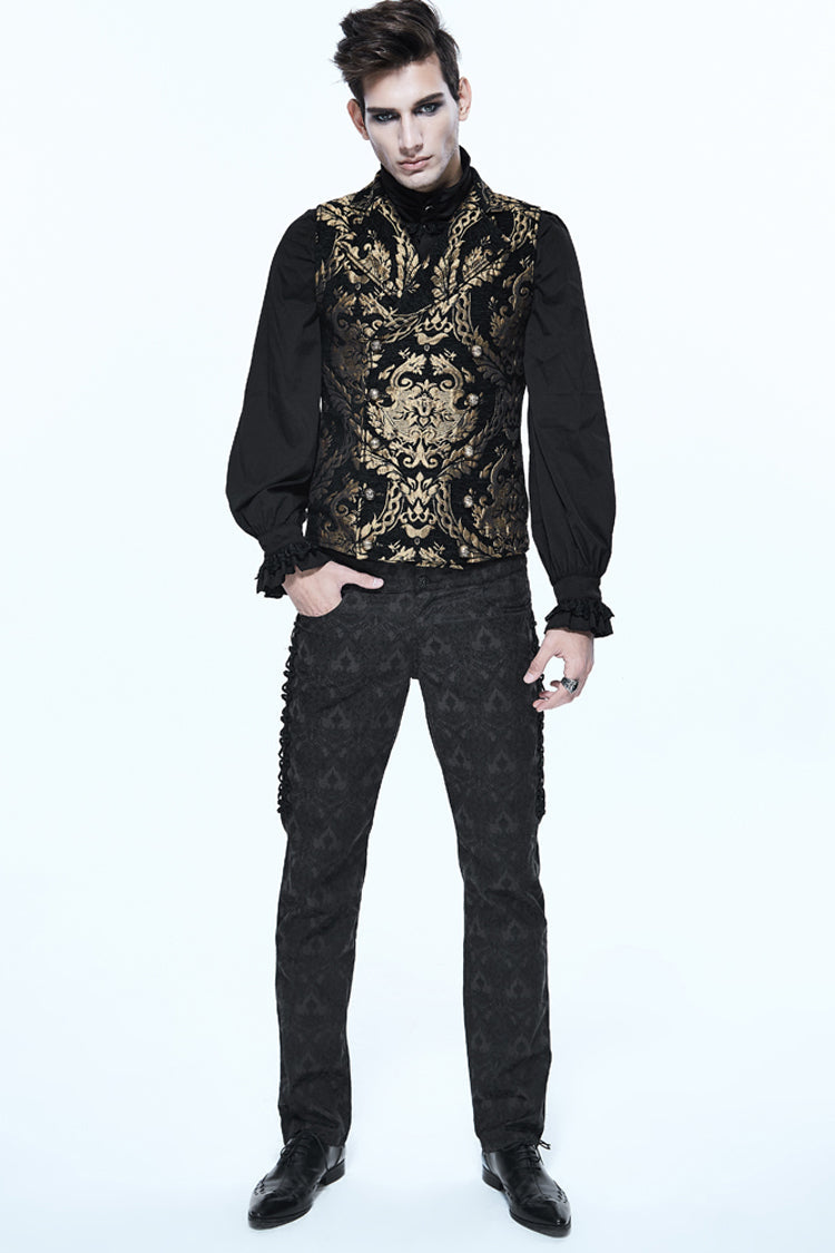 Black/Gold Short Big Jacquard Pattern Men's Gothic Waistcoat - Product - 2