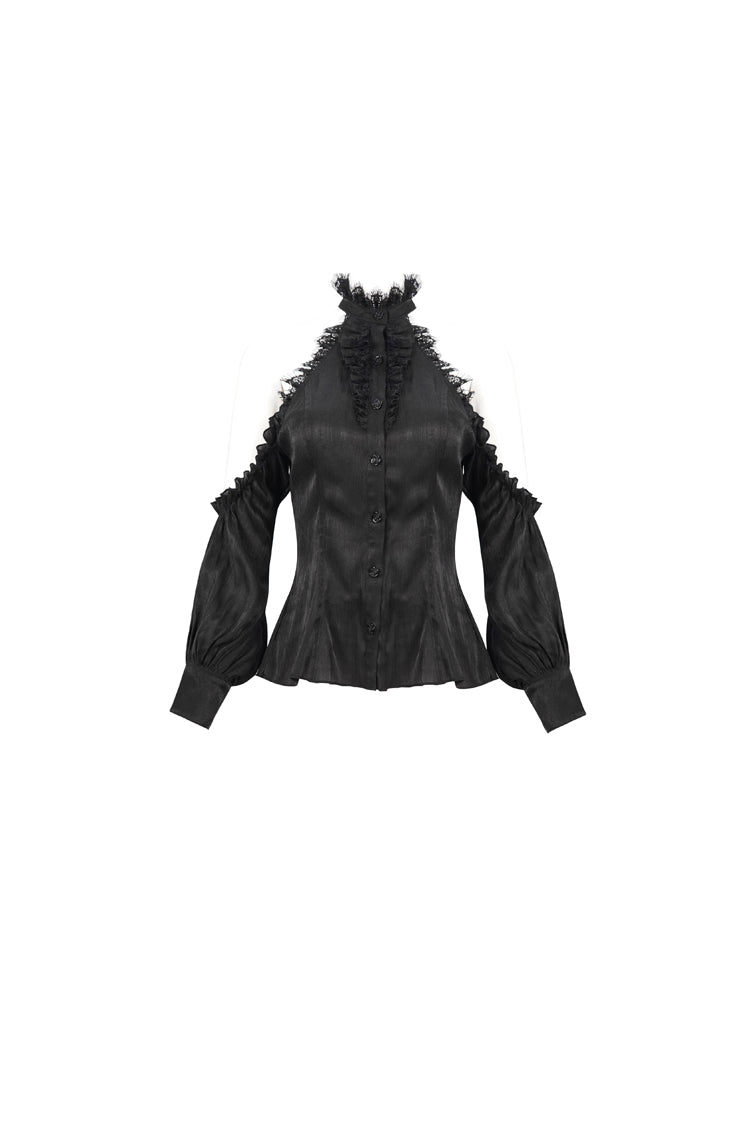 Black Lantern Sleeves Off The Shoulder Halter Lace Ruffled Women's Gothic Shirt - Product - 5