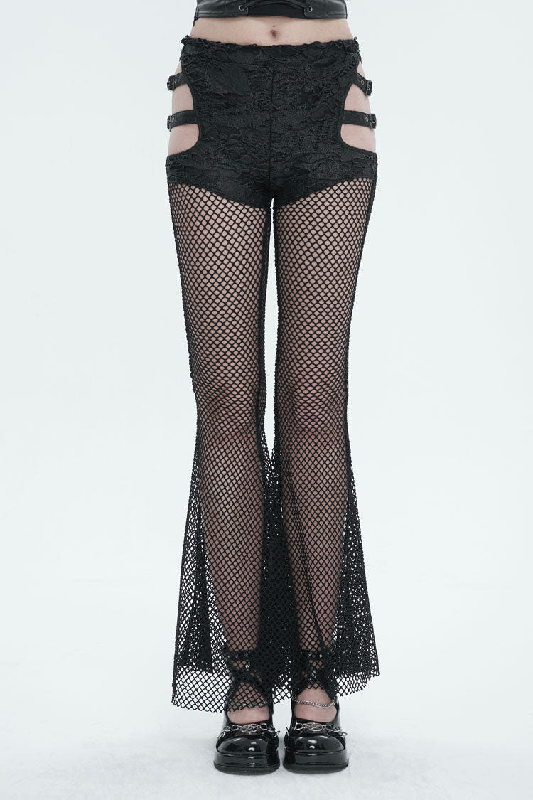 Black Stretch Knit Panel Mesh Cutout Flare Women's Gothic Trousers - Black - 1