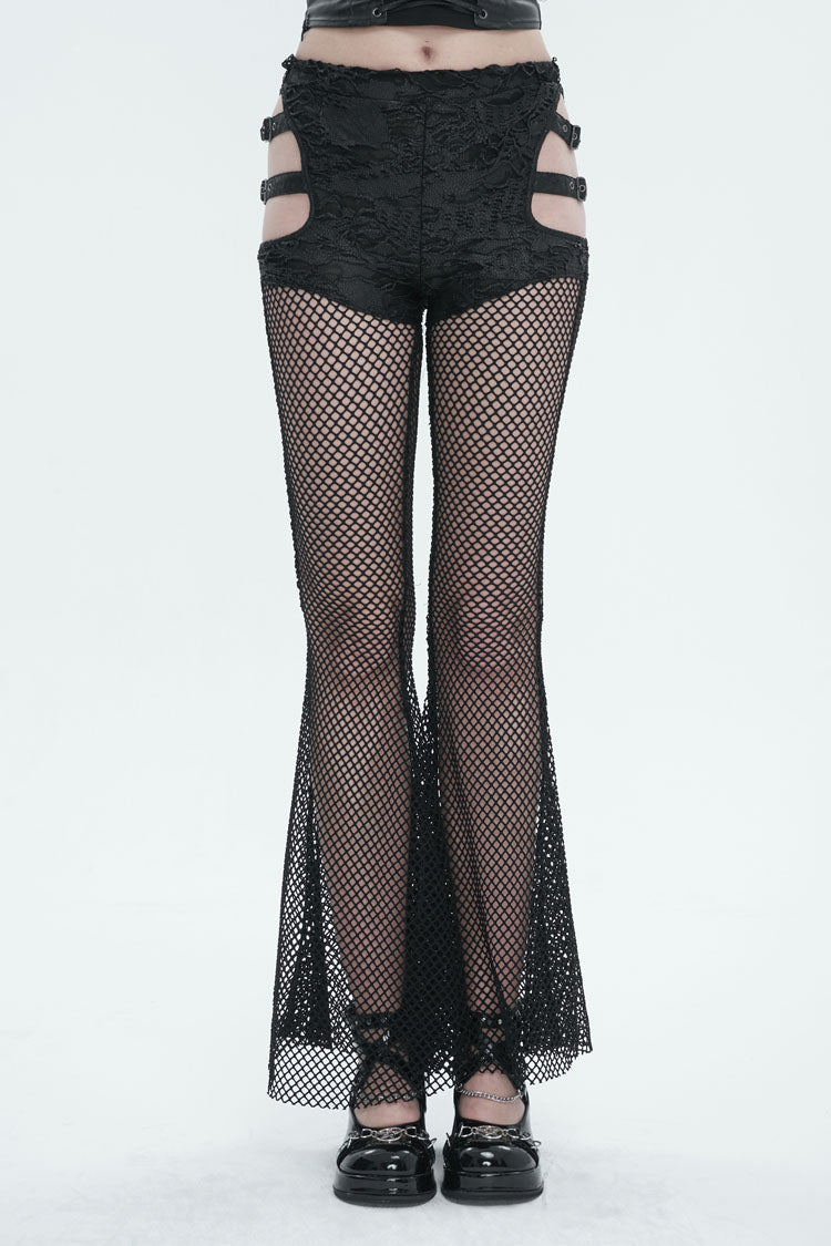Black Stretch Knit Panel Mesh Cutout Flare Women's Gothic Trousers - Black - 1
