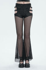 Black Stretch Knit Panel Mesh Cutout Flare Women's Gothic Trousers - Black - 1