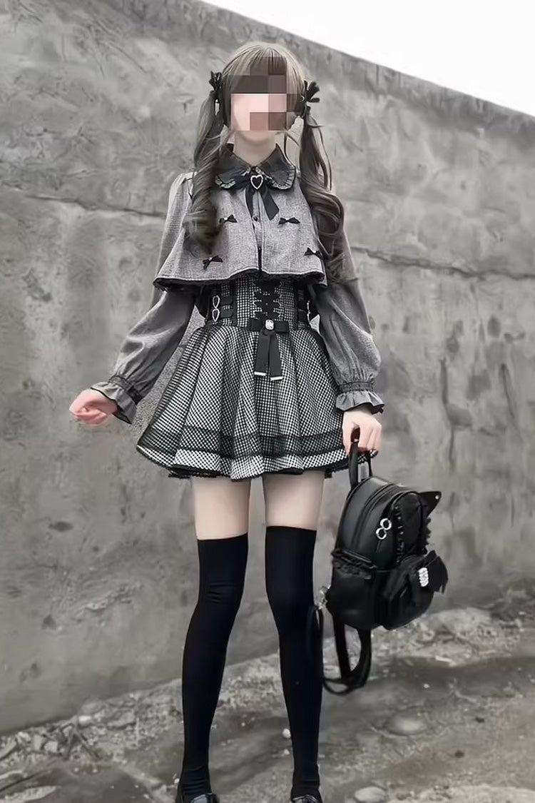 Grey Long Sleeves Houndstooth Printed Ruffled Lace-Up Jirai Kei Japanese Set - Product - 5