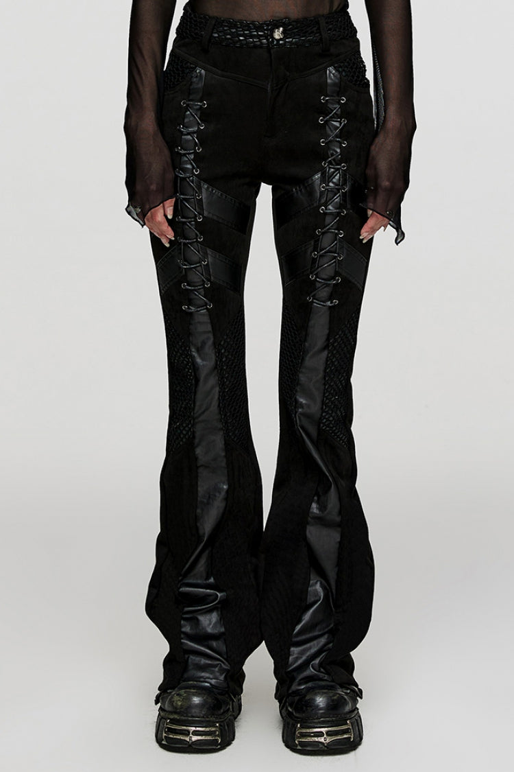 Black Metal Eyelets Faux Leather Stitching Mesh Women's Steampunk Pants - Black - 1