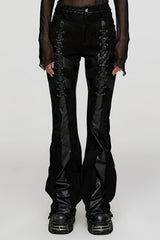 Black Metal Eyelets Faux Leather Stitching Mesh Women's Steampunk Pants - Black - 1
