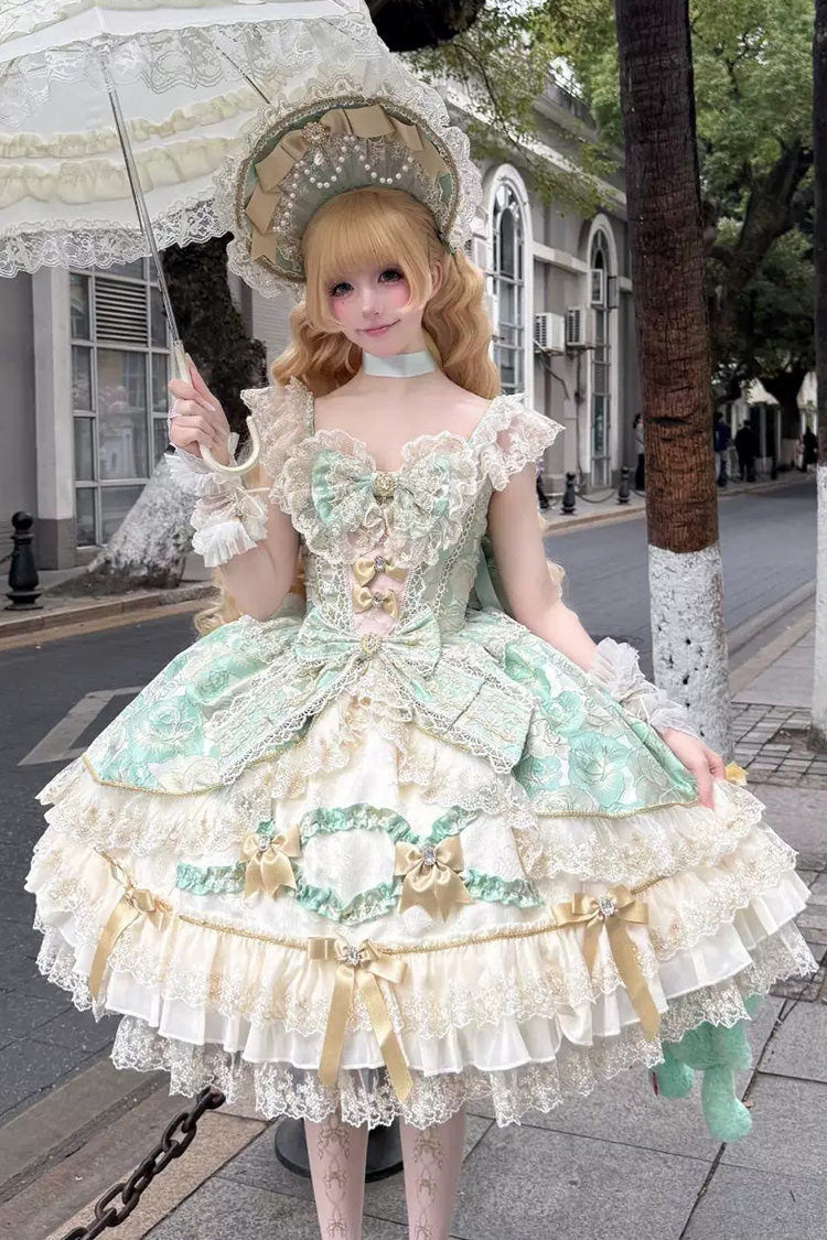 Green [Gilded Waltz] Square Collar Sleeveless Printed Ruffled Embroidered Bow Lace Gorgeous Sweet Lolita Jsk Dress - Product - 2