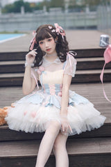 Blue/Pink Rose Peach Wine Sleeveless Multi-layer Ballet Style Sweet Lolita Jsk Dress - Product - 4
