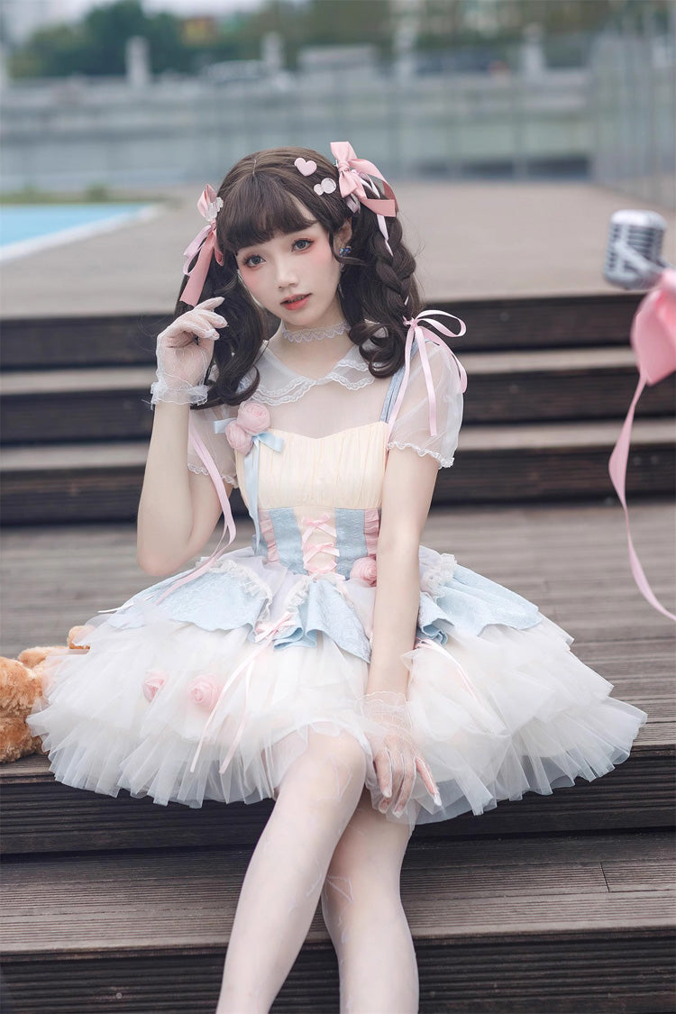 Blue/Pink Rose Peach Wine Sleeveless Multi-layer Ballet Style Sweet Lolita Jsk Dress - Product - 4