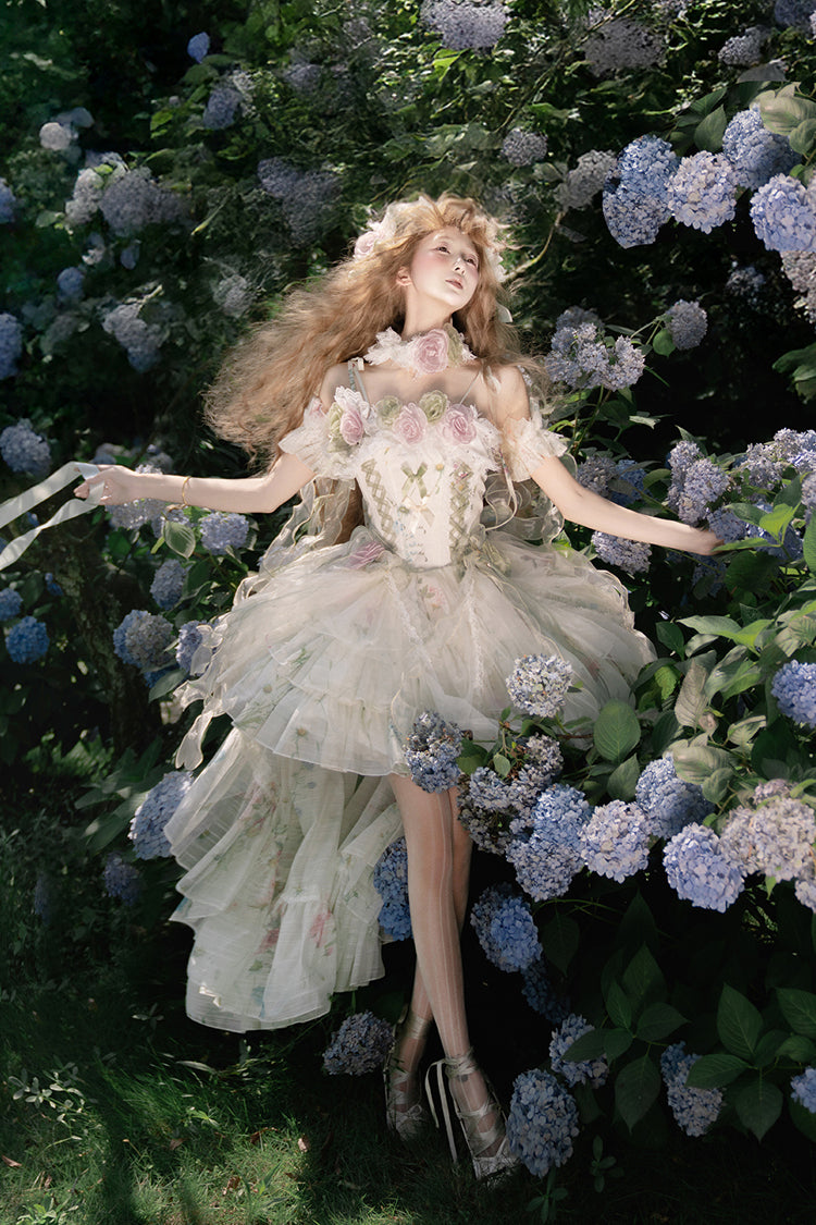 Green [Spring Rose] Sleeveless Multi-Layered Bowknot Lace-Up Fishbone Sweet Lolita Jsk Dress - Product - 16