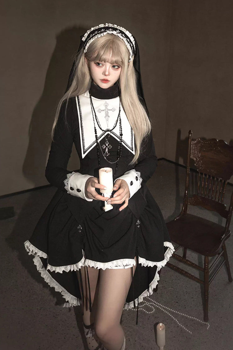 Black/White [Peace Prayer] Long Sleeves Ruffle Bowknot Asymmetric Gothic Lolita Skirt Set - Black/White - 1