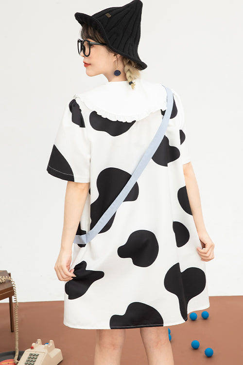 Black/White Doll Collar Short Sleeves Milk Cow Print Sweet Lolita Dress - Product - 6