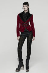 Red/Black Lapel Collar Long Sleeves Lace-Up Zipper Women's Punk Coat - Product - 4