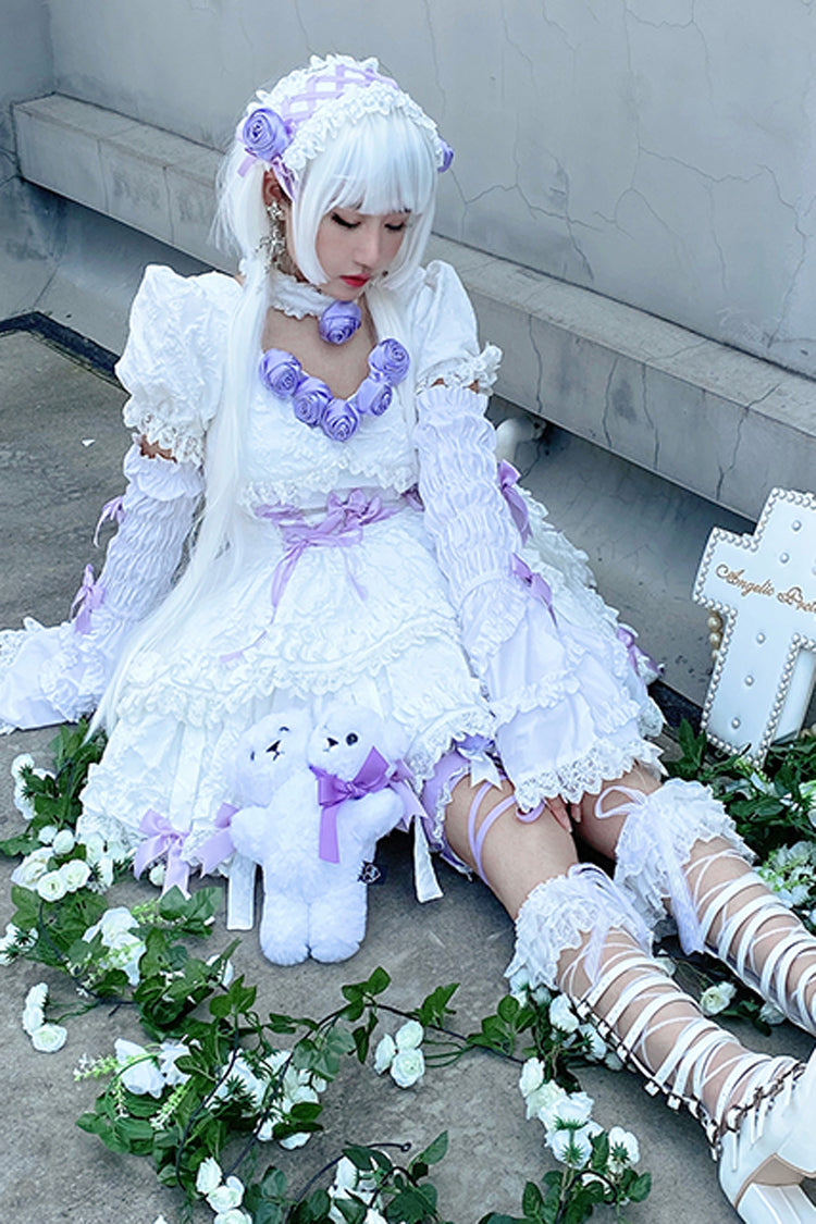 White/Purple Puff Short Sleeves Princess Gothic Lolita Tiered Dress - Product - 9